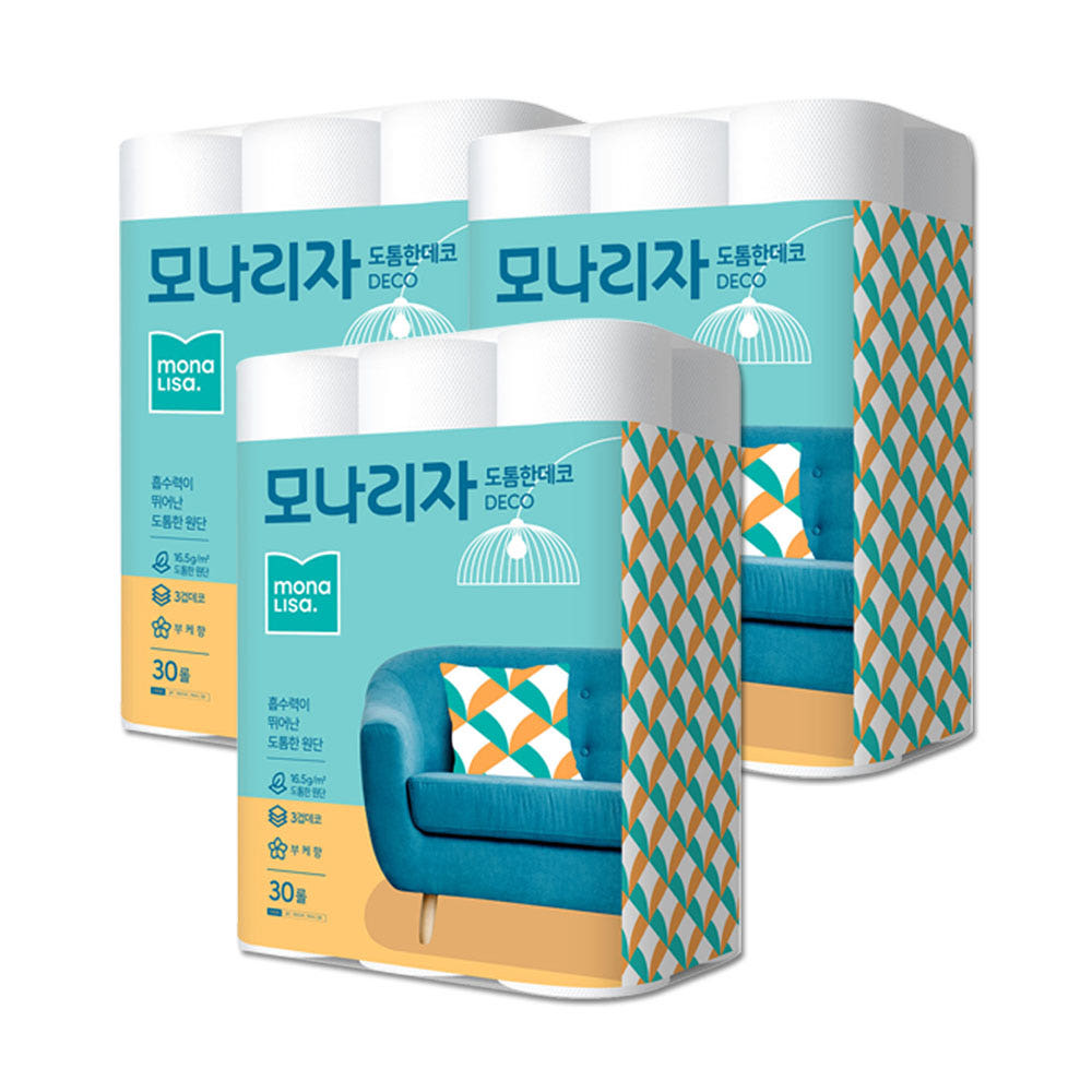 모나리자 녹스 물에 잘 녹는 휴지 도톰한 데코 3겹 30롤 3팩 두루마리화장지 90롤