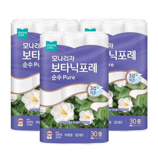 모나리자 보타닉포레 3겹 27M 30롤 3개 총90롤 천연펄프 화장지 휴지 두루마리화장지